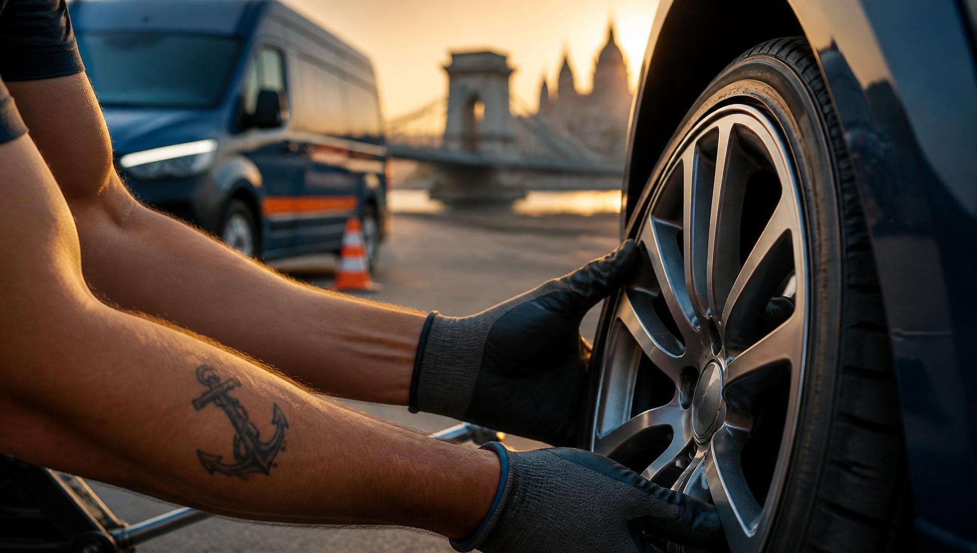 KisPopeye Service mobil autószerelő kerékcserét végez Budapesten, a Lánchíd háttere előtt